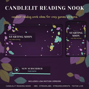 May include: Digital streaming overlay set featuring a dark purple background with scattered teal, yellow, and purple leaves. Text includes CANDLELIT READING NOOK, STARTING SOON, WARMING UP, cozy vibes incoming, and NEW SUBSCRIBER with a star icon.