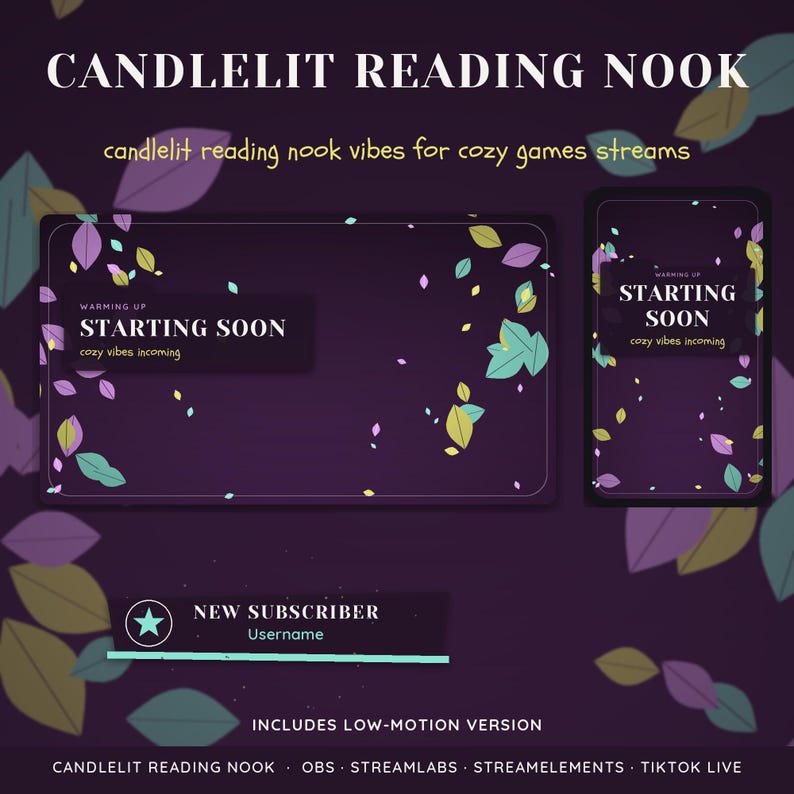 May include: Digital streaming overlay set featuring a dark purple background with scattered teal, yellow, and purple leaves. Text includes CANDLELIT READING NOOK, STARTING SOON, WARMING UP, cozy vibes incoming, and NEW SUBSCRIBER with a star icon.