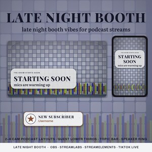 Late Night Booth OBS Overlay Pack | Podcast Twitch Overlay | Animated Scenes, Alerts, Stinger | Multi Guest Layouts | Lower Thirds