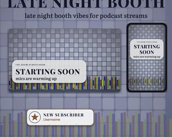 Late Night Booth OBS Overlay Pack | Podcast Twitch Overlay | Animated Scenes, Alerts, Stinger | Multi Guest Layouts | Lower Thirds