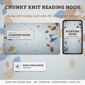 May include: Digital streaming overlay set featuring a light gray background with scattered blue, orange, and yellow leaf shapes. Includes text boxes reading STARTING SOON, WARMING UP, cozy vibes incoming, and NEW SUBSCRIBER with a star icon.