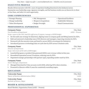 May include: A professional resume template featuring a clean, black-and-white layout with sections for Executive Profile, Core Competencies, Professional Experience, Education, and Board & Affiliations, using placeholders like YOUR NAME.