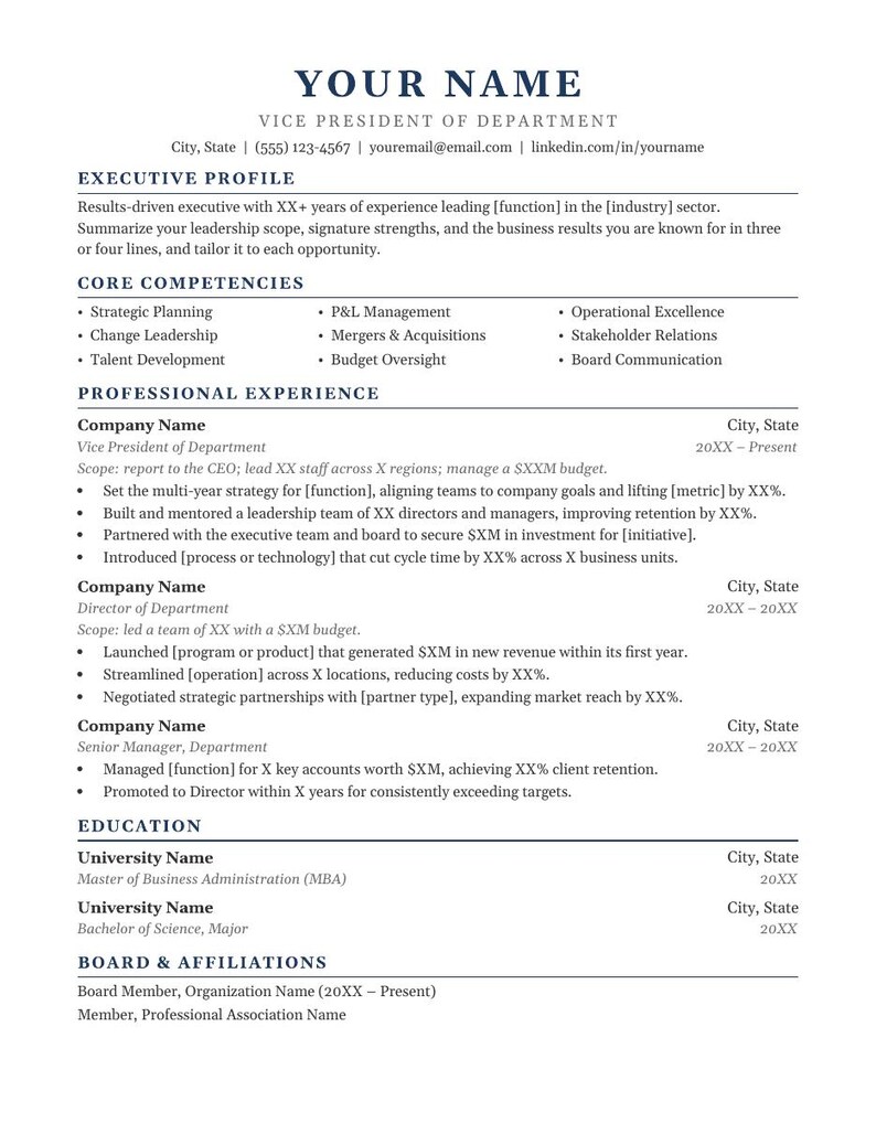 May include: A professional resume template featuring a clean, black-and-white layout with sections for Executive Profile, Core Competencies, Professional Experience, Education, and Board & Affiliations, using placeholders like YOUR NAME.