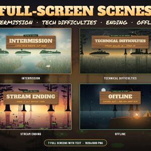 May include: A digital graphic set featuring four swamp-themed full-screen scenes for streaming. The scenes include text overlays: INTERMISSION, TECHNICAL DIFFICULTIES, STREAM ENDING, and OFFLINE, set against illustrated bayou landscapes.