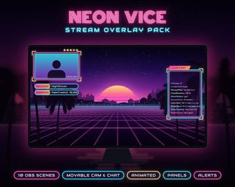 May include: A digital stream overlay pack titled NEON VICE featuring a purple and orange sunset landscape with a grid floor, palm tree silhouettes, a camera frame, a live chat box, and text labels for followers and donations.