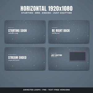 May include: A set of four dark blue digital stream overlay screens featuring topographic line patterns and colorful dots. Text includes STARTING SOON, BE RIGHT BACK, STREAM ENDED, and JUST CHATTING, with a rectangular frame for video content.