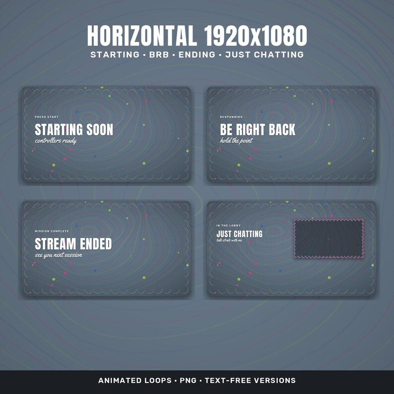 May include: A set of four dark blue digital stream overlay screens featuring topographic line patterns and colorful dots. Text includes STARTING SOON, BE RIGHT BACK, STREAM ENDED, and JUST CHATTING, with a rectangular frame for video content.