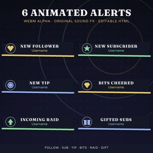 May include: Six animated alerts for streaming featuring text labels for New Follower, New Subscriber, New Tip, Bits Cheered, Incoming Raid, and Gifted Subs. Each alert includes a unique icon, a placeholder for a username, and a colored line.