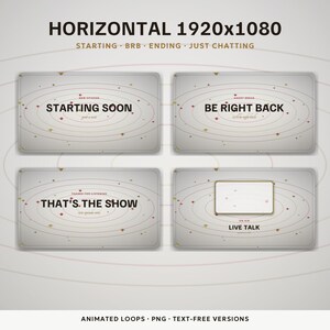 May include: Four rectangular digital stream overlays on a light gray background with thin orbital lines and small planet icons. Text includes STARTING SOON, BE RIGHT BACK, THAT'S THE SHOW, and LIVE TALK, with smaller subtext below each main heading.