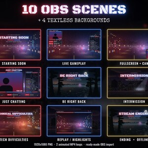 May include: A digital collection of 10 OBS scenes and 4 textless backgrounds featuring a dark city street theme with neon red, blue, and yellow borders. The text includes Starting Soon, Live Gameplay, Just Chatting, Be Right Back, Intermission, Technical Difficulties, Replay, Highlights, Stream Ending, and Offline.