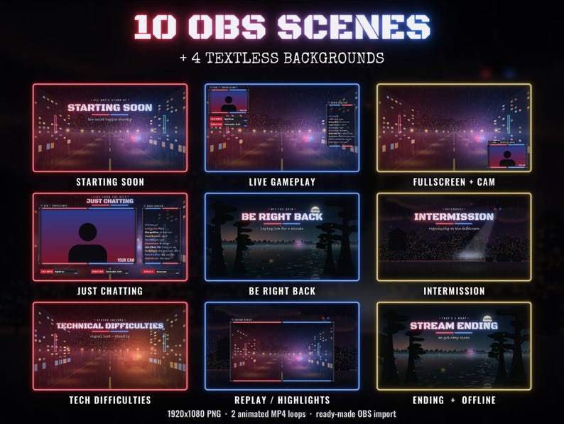 May include: A digital collection of 10 OBS scenes and 4 textless backgrounds featuring a dark city street theme with neon red, blue, and yellow borders. The text includes Starting Soon, Live Gameplay, Just Chatting, Be Right Back, Intermission, Technical Difficulties, Replay, Highlights, Stream Ending, and Offline.
