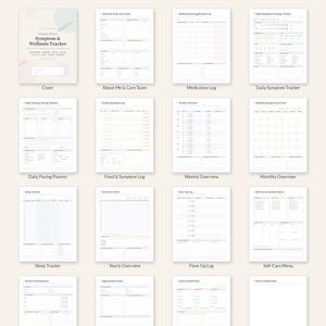 May include: A set of 16 printable pages for a Chronic Illness Symptom & Wellness Tracker. The collection includes a cover page, medication log, daily symptom tracker, pacing planner, food log, weekly and monthly overviews, and sleep tracker.