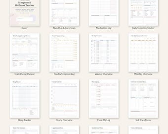 May include: A set of 16 printable pages for a Chronic Illness Symptom & Wellness Tracker. The collection includes a cover page, medication log, daily symptom tracker, pacing planner, food log, weekly and monthly overviews, and sleep tracker.