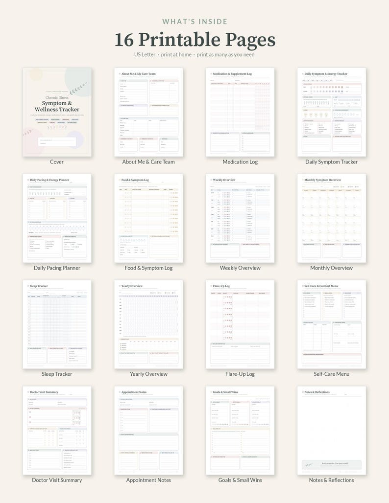 Op de afbeelding: Een set van 16 printbare pagina's voor een tracker voor symptomen en welzijn bij chronische ziekten. De collectie bevat een voorpagina, medicatielogboek, dagelijkse symptoomtracker, pacing-planner en week- en maandoverzichten.