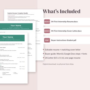 May include: A digital student resume template bundle featuring a one-page resume and matching cover letter in US Letter 8.5 x 11 inch format. Includes DOCX files for resume and cover letter, plus a PDF buyer instruction guide with setup steps.
