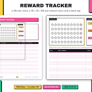 May include: A printable reward tracker document featuring a 50-star chart, a reward menu with 10, 25, and 50-star tiers, and a done log. The layout includes columns for date, task, stars, running total, and reward claims in black and pink.