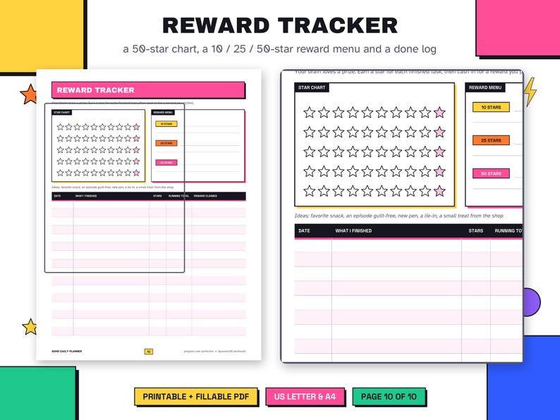 May include: A printable reward tracker document featuring a 50-star chart, a reward menu with 10, 25, and 50-star tiers, and a done log. The layout includes columns for date, task, stars, running total, and reward claims in black and pink.