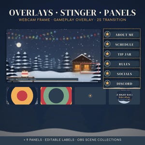 May include: A digital streaming overlay set featuring a winter cabin scene with snow, pine trees, and string lights. Includes a webcam frame, gameplay overlay, and six panels labeled About Me, Schedule, Tip Jar, Rules, Socials, and Discord with star icons.