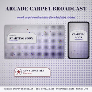 May include: A digital overlay set featuring a gradient dot pattern in purple and gray. Elements include a horizontal and vertical Starting Soon screen with the text Tuning In Starting Soon, and a New Subscriber banner with a red star icon.