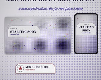 May include: A digital overlay set featuring a gradient dot pattern in purple and grey. Elements include a horizontal and vertical Starting Soon screen with the text Tuning In Starting Soon, and a New Subscriber banner with a red star icon.