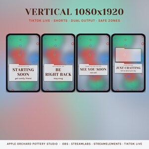 May include: Four vertical smartphone screen overlays with a blurred green, red, and blue background. Each frame displays text boxes with labels: STARTING SOON, BE RIGHT BACK, SEE YOU SOON, and JUST CHATTING, along with smaller sub-text and folder icons.