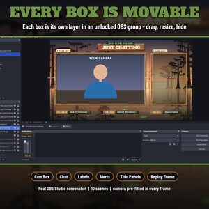 May include: A digital OBS Studio interface overlay featuring a swamp-themed design with wooden frames. The layout includes a camera box, chat box, and labels for followers, donations, and social media. Text reads EVERY BOX IS MOVABLE.