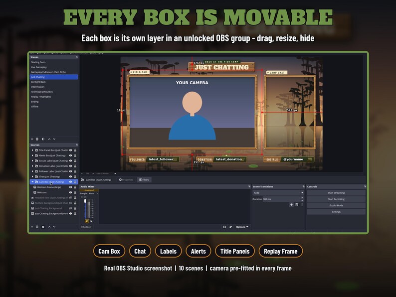 May include: A digital OBS Studio interface overlay featuring a swamp-themed design with wooden frames. The layout includes a camera box, chat box, and labels for followers, donations, and social media. Text reads EVERY BOX IS MOVABLE.