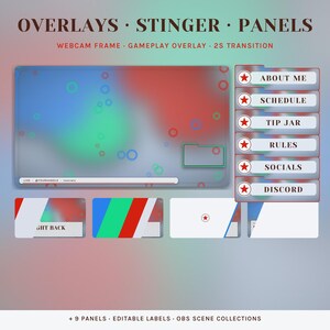 May include: A digital streaming overlay set featuring a gradient background with red, blue, and green circles. Includes a webcam frame, gameplay overlay, and six panels labelled About Me, Schedule, Tip Jar, Rules, Socials, and Discord with star icons.