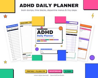 May include: A printable and fillable ADHD Daily Planner PDF set with 10 pages in US Letter and A4 sizes. The cover features the text ADHD Daily Planner, brain dumps, time blocks, dopamine menus & tiny steps, decorated with colorful geometric shapes and stars.