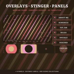 Op de afbeelding: Een digitale streaming overlay-set met een webcamframe met diagonale strepen, zes rechthoekige panelen met de labels About Me, Schedule, Tip Jar, Rules, Socials en Discord, plus vier kleinere sc&egrave;negraphics met cirkel- en stermotieven.