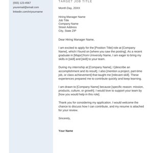 Puede incluir: Una plantilla de carta de presentaci&oacute;n profesional con una barra lateral izquierda para datos de contacto como ciudad, estado, tel&eacute;fono, correo electr&oacute;nico y perfil de LinkedIn. El cuerpo principal incluye marcadores de posici&oacute;n para nombre y cargo.