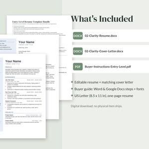Puede incluir: Un paquete de plantillas de curr&iacute;culum para principiantes que incluye un curr&iacute;culum de una p&aacute;gina y una carta de presentaci&oacute;n. Contiene los archivos 02-Clarity-Resume.docx, 02-Clarity-Cover-Letter.docx y Buyer-Instructions-Entry-Level.pdf.