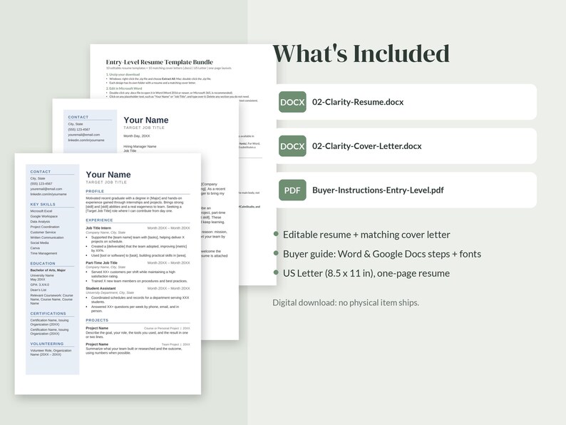 Puede incluir: Un paquete de plantillas de curr&iacute;culum para principiantes que incluye un curr&iacute;culum de una p&aacute;gina y una carta de presentaci&oacute;n. Contiene los archivos 02-Clarity-Resume.docx, 02-Clarity-Cover-Letter.docx y Buyer-Instructions-Entry-Level.pdf.