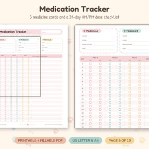May include: A printable medication tracker document featuring a 31-day AM/PM dose checklist for three medicines. The layout includes sections for Medicine A, B, and C, with fields for name, dose, frequency, and notes, presented on a light background.