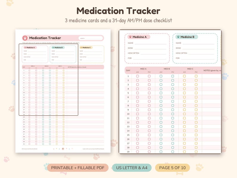 May include: A printable medication tracker document featuring a 31-day AM/PM dose checklist for three medicines. The layout includes sections for Medicine A, B, and C, with fields for name, dose, frequency, and notes, presented on a light background.