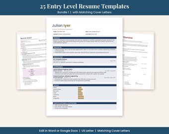 25 Entry Level Resume Templates with Cover Letters, Bundle 1, Word and Google Docs, ATS Friendly CV