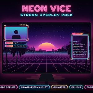 Puede incluir: Un paquete de superposici&oacute;n de transmisi&oacute;n titulado NEON VICE que presenta un paisaje de atardecer p&uacute;rpura y naranja con suelo de rejilla, siluetas de palmeras, marco de c&aacute;mara, chat en vivo y etiquetas de texto.