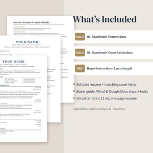 May include: An executive resume template bundle featuring a resume, cover letter, and buyer instructions. The documents are formatted for US Letter 8.5 x 11 inch paper. Includes files labeled 01-Boardroom-Resume.docx, 01-Boardroom-Cover-Letter.docx, and Buyer-Instructions-Executive.pdf.