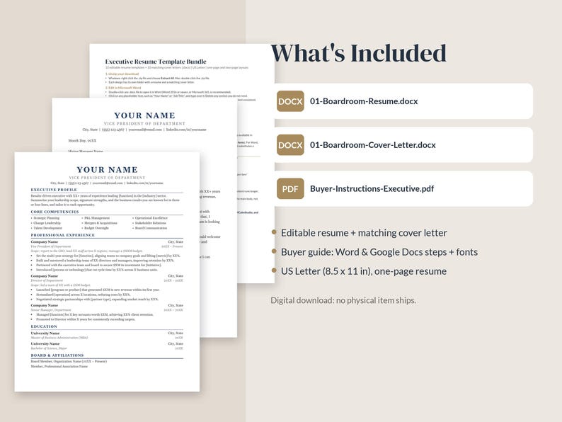 May include: An executive resume template bundle featuring a resume, cover letter, and buyer instructions. The documents are formatted for US Letter 8.5 x 11 inch paper. Includes files labeled 01-Boardroom-Resume.docx, 01-Boardroom-Cover-Letter.docx, and Buyer-Instructions-Executive.pdf.