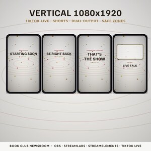 May include: Four vertical digital screen templates for streaming, featuring a light gray background with thin red orbital lines and small dots. Text includes STARTING SOON, BE RIGHT BACK, THAT'S THE SHOW, and LIVE TALK with a rectangular frame.