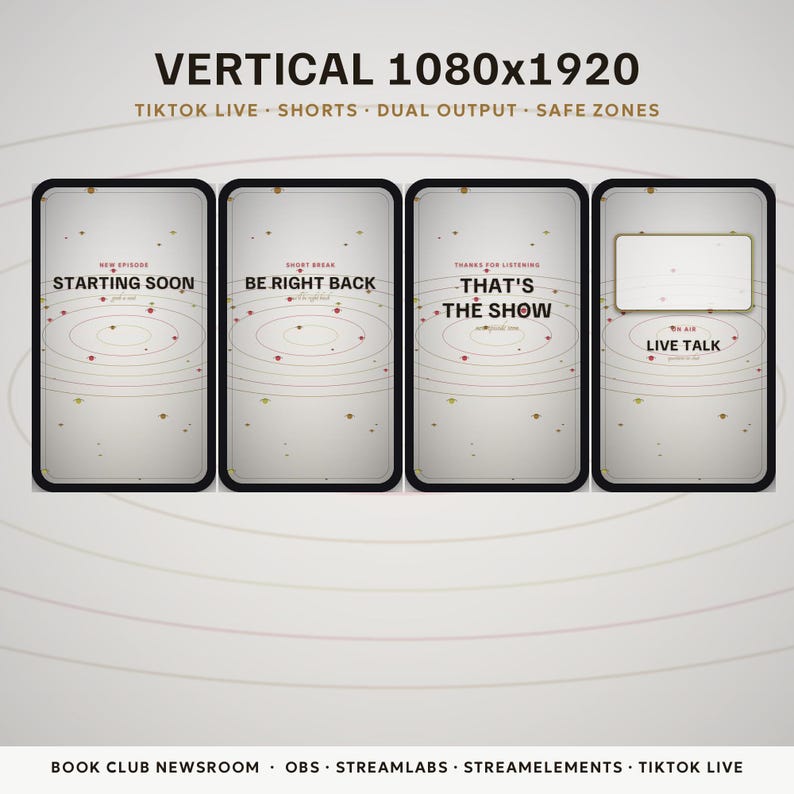 May include: Four vertical digital screen templates for streaming, featuring a light gray background with thin red orbital lines and small dots. Text includes STARTING SOON, BE RIGHT BACK, THAT'S THE SHOW, and LIVE TALK with a rectangular frame.