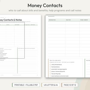 May include: A printable and fillable PDF document titled Money Contacts & Notes, featuring tables for organization names, contact details, and checklists for assistance programs like utility bills and food aid.