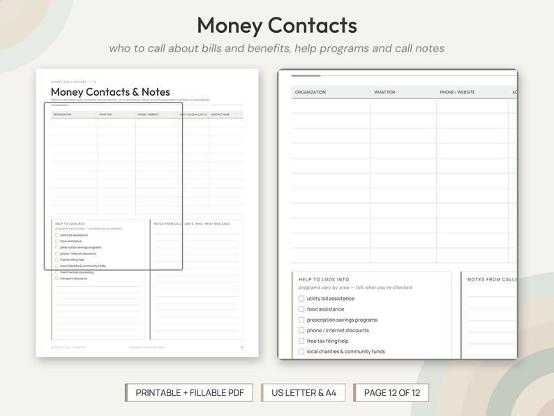 May include: A printable and fillable PDF document titled Money Contacts & Notes, featuring tables for organization names, contact details, and checklists for assistance programs like utility bills and food aid.