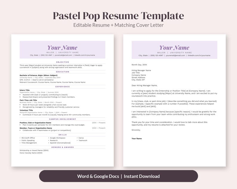 May include: A Pastel Pop Resume Template featuring an editable resume and matching cover letter. The document includes sections for objective, education, experience, campus involvement, skills, and honors, with light purple accents.