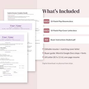 Op de afbeelding: Een digitaal cv-sjabloonpakket met een cv van &eacute;&eacute;n pagina en een bijpassende begeleidende brief. Bevat de bestanden 10-Pastel-Pop-Resume.docx, 10-Pastel-Pop-Cover-Letter.docx en Buyer-Instructions-Student.pdf voor bewerking.