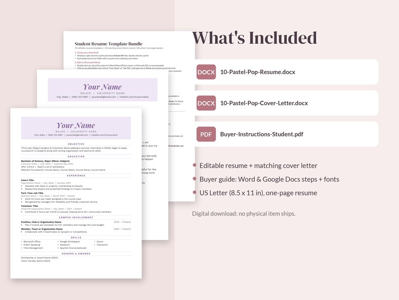 Op de afbeelding: Een digitaal cv-sjabloonpakket met een cv van &eacute;&eacute;n pagina en een bijpassende begeleidende brief. Bevat de bestanden 10-Pastel-Pop-Resume.docx, 10-Pastel-Pop-Cover-Letter.docx en Buyer-Instructions-Student.pdf voor bewerking.