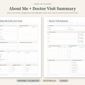 Op de afbeelding: Twee printbare plannerpagina's met de titel About Me + Doctor Visit Summary. De linkerpagina bevat secties voor About Me, Care Team en Insurance. De rechterpagina bevat Doctor Visit Summary met velden voor bezoekdetails, zorgen, symptomen en medicatie.