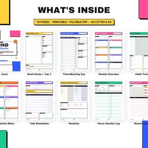 May include: A digital ADHD daily planner set featuring 10 printable and fillable PDF pages in US Letter and A4 sizes. Includes a cover, brain dump, time-blocking, weekly overview, habit tracker, dopamine menu, task breakdown, routines, and logs.