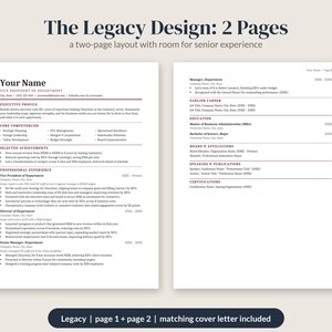May include: A two-page resume template titled The Legacy Design: 2 Pages. The document features black text on a white background, organized into sections including Executive Profile, Core Competencies, Selected Achievements, and Professional Experience.