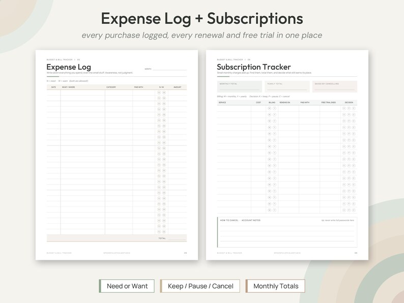 May include: A two-page printable expense log and subscription tracker template. The left page features an Expense Log with columns for date, item, category, and amount. The right page includes a Subscription Tracker with columns for service, cost, and renewal dates. Text includes Expense Log + Subscriptions, Need or Want, Keep / Pause / Cancel, and Monthly Totals.